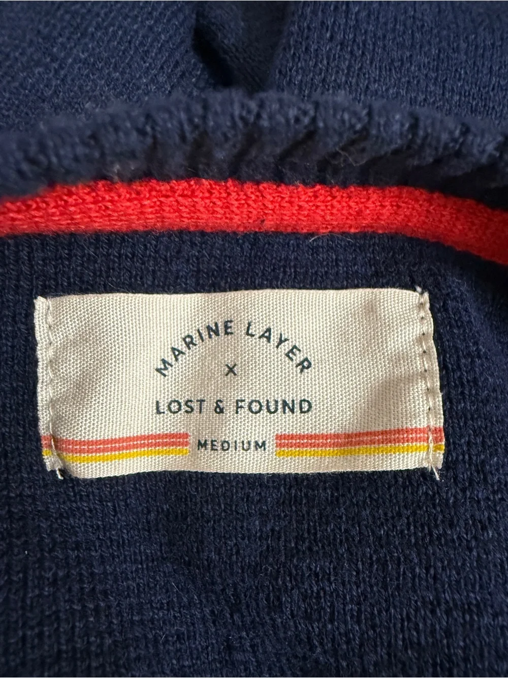 Marine Layer Navy Crewneck Sweater with Rainbow Chest Stripe